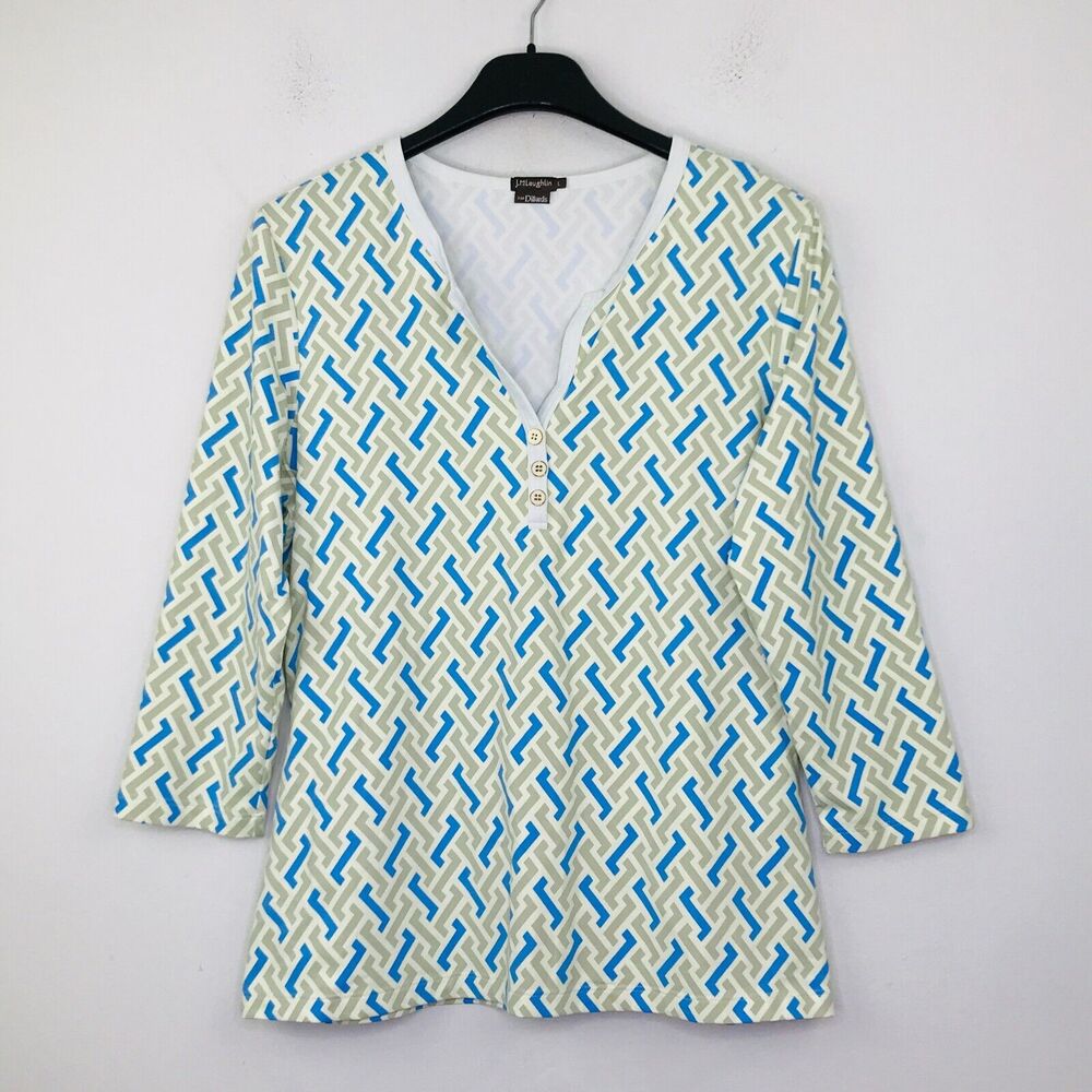 J McLaughlin Women's Large Shirt Multicolor Geometric 3/4 Sleeve Popover BP4
